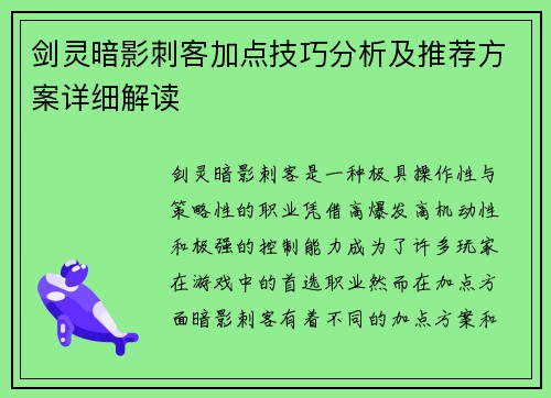 剑灵暗影刺客加点技巧分析及推荐方案详细解读