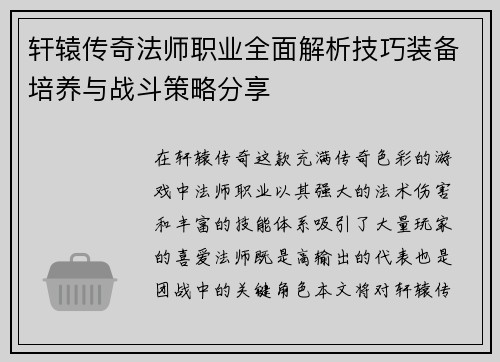 轩辕传奇法师职业全面解析技巧装备培养与战斗策略分享 轩辕传奇法师职业全面解析技巧装备培养与战斗策略分享